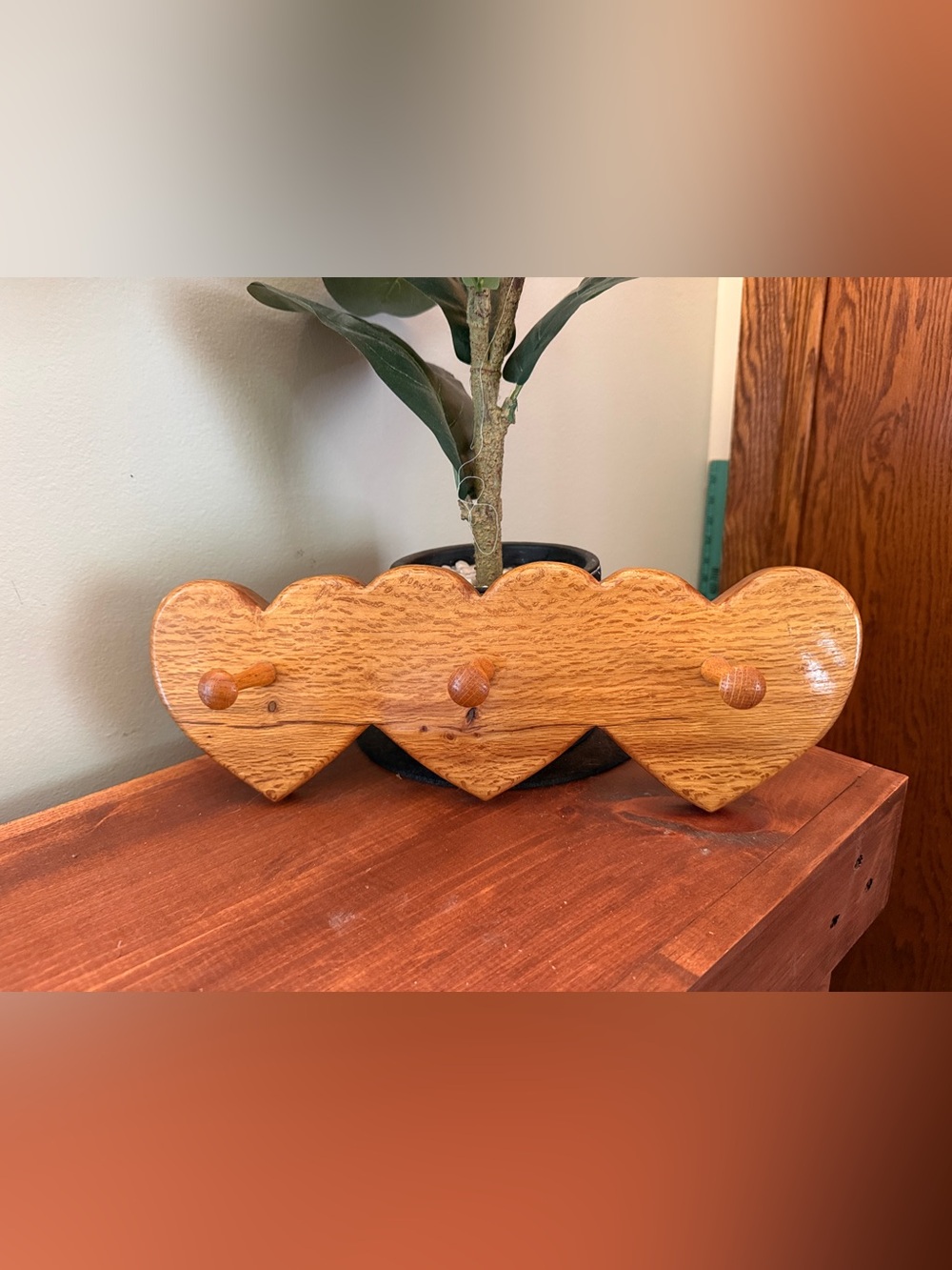 Vintage Handmade Triple Heart Wooden Peg Rack Folk Art Live Oak FL
